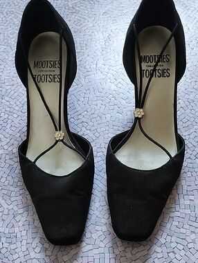 Black T-Strap Women's Heels with Silver Accent